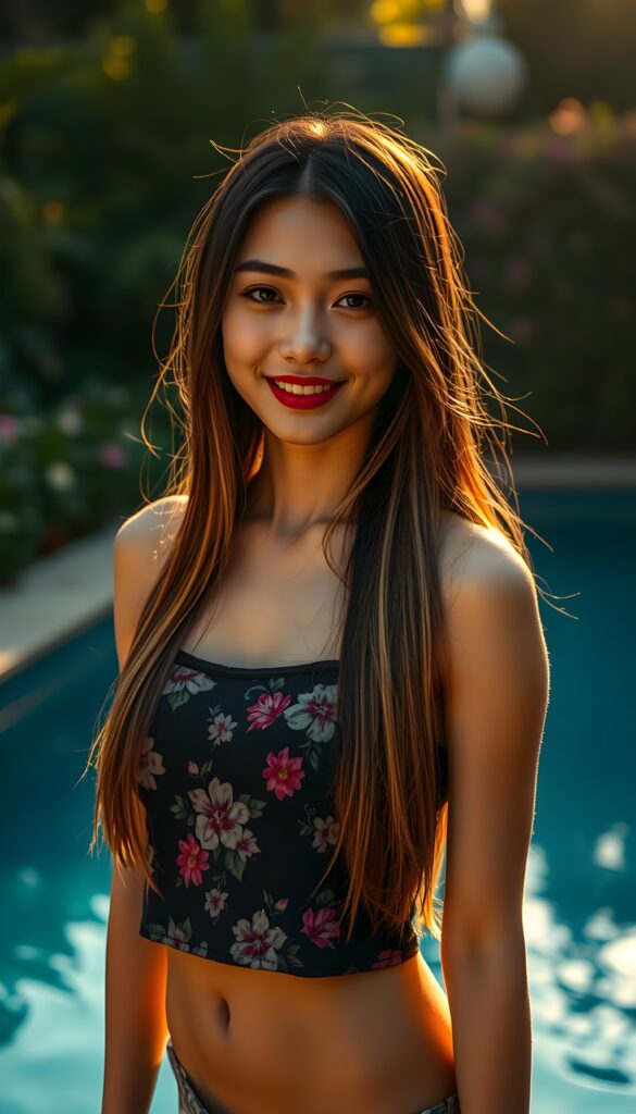 A breathtakingly detailed scene showcasing a stunning young woman of Asian descent, adorned in a floral-patterned black tank top. Her long, straight hair, a mesmerizing blend of dark blond with striking highlights, cascades gracefully down her shoulders. The vibrant red of her lips contrasts beautifully with her flawless skin. She stands poised at the edge of a pristine swimming pool, her smile radiant and inviting. The pool reflects the warm, golden hues of the setting sun, casting long shadows that dance around her. Surrounding the pool are lush greenery and blooming flowers, adding a touch of natural elegance to the composition. The atmosphere is serene and enchanting, with a sense of tranquility that complements her captivating beauty.