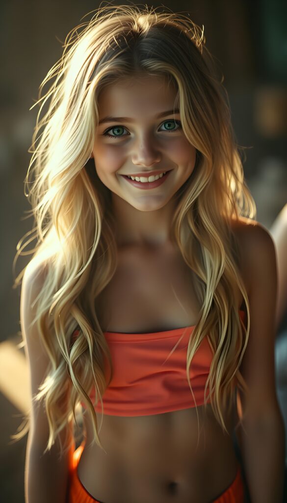 A breathtakingly beautiful girl, approximately sixteen years old, radiates joy with her warm, enchanting smile as she gazes directly into the camera. Her striking golden blonde hair cascades down her back in perfect waves, framing her youthful face with a halo-like effect. She wears a vibrant, short-form-fitting top that highlights her elegant figure, coupled with matching shorts that accentuate her lively and playful personality. The scene is bathed in a soft, golden light, creating a dreamy atmosphere with deep shadows and a rich saturation that brings out the colors vividly. The composition is meticulously detailed, with a gentle depth of field that brings the viewer's focus effortlessly to her captivating gaze, making this image a stunning masterpiece. Round cute belly button.