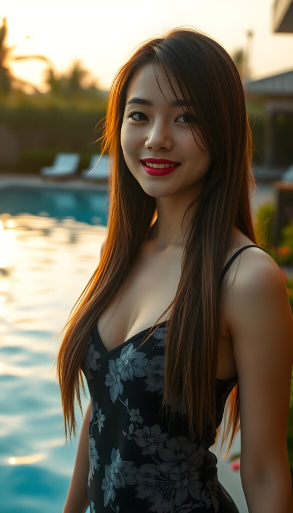 A breathtakingly detailed scene showcasing a stunning young woman of Asian descent, adorned in a floral-patterned black tank top. Her long, straight hair, a mesmerizing blend of dark blond with striking highlights, cascades gracefully down her shoulders. The vibrant red of her lips contrasts beautifully with her flawless skin. She stands poised at the edge of a pristine swimming pool, her smile radiant and inviting. The pool reflects the warm, golden hues of the setting sun, casting long shadows that dance around her. Surrounding the pool are lush greenery and blooming flowers, adding a touch of natural elegance to the composition. The atmosphere is serene and enchanting, with a sense of tranquility that complements her captivating beauty.