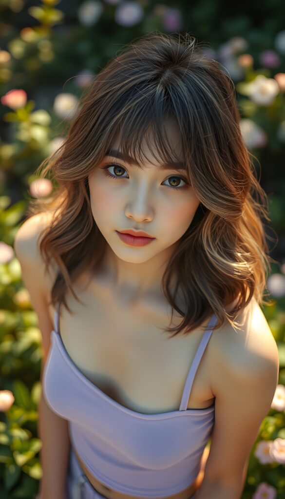 A breathtakingly detailed and flawless portrait of a beautiful young girl with shoulder length, wavy, thick, light brown hair and white highlights and soft bangs framing her face. She wears a vibrant light purple short tank top, highlighting her perfect curves. The composition is viewed from above, showcasing her elegant features and the intricate patterns of her hair and clothing. The scene is bathed in warm, golden sunlight, casting a serene glow over her face, emphasizing her youthful charm and grace. The background is a dreamy, softly blurred garden filled with lush greenery and blooming flowers, adding a touch of whimsy and enchantment to the image.