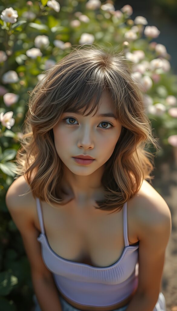 A breathtakingly detailed and flawless portrait of a beautiful young girl with shoulder length, wavy, thick, light brown hair and white highlights and soft bangs framing her face. She wears a vibrant light purple short tank top, highlighting her perfect curves. The composition is viewed from above, showcasing her elegant features and the intricate patterns of her hair and clothing. The scene is bathed in warm, golden sunlight, casting a serene glow over her face, emphasizing her youthful charm and grace. The background is a dreamy, softly blurred garden filled with lush greenery and blooming flowers, adding a touch of whimsy and enchantment to the image.