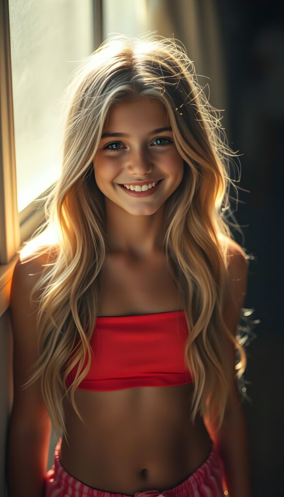 A breathtakingly beautiful girl, approximately sixteen years old, radiates joy with her warm, enchanting smile as she gazes directly into the camera. Her striking golden blonde hair cascades down her back in perfect waves, framing her youthful face with a halo-like effect. She wears a vibrant, short-form-fitting top that highlights her elegant figure, coupled with matching shorts that accentuate her lively and playful personality. The scene is bathed in a soft, golden light, creating a dreamy atmosphere with deep shadows and a rich saturation that brings out the colors vividly. The composition is meticulously detailed, with a gentle depth of field that brings the viewer's focus effortlessly to her captivating gaze, making this image a stunning masterpiece. Round cute belly button.