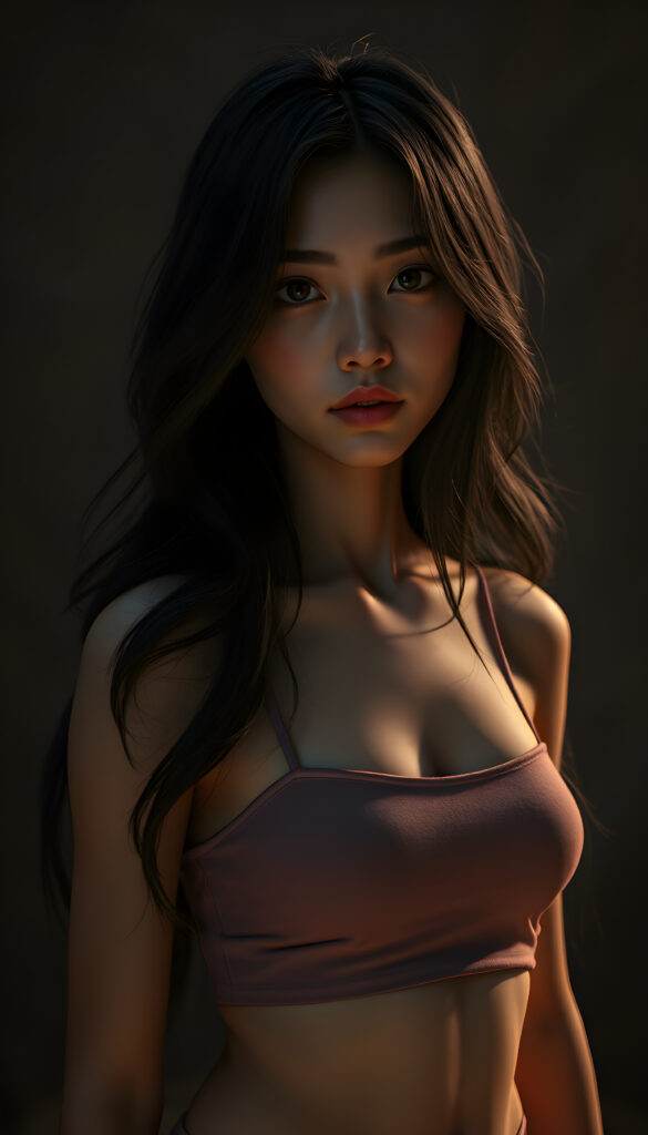 A breathtakingly detailed 3D render of a beautiful Asian girl with long, thick, wavy black hair cascading over her shoulders. She wears a short, cropped tank top and stands in a dark, moody setting illuminated by volumetric lighting that highlights her natural features and stunning eyes. The background is a dark, textured canvas that contrasts with her illuminated face, creating a dramatic and ethereal atmosphere. Her flawless anatomy is meticulously rendered, showcasing a blend of realism and artistic flair. The scene is enhanced with soft, diffused lighting that adds depth and dimension to the composition, making her appear lifelike and captivating.