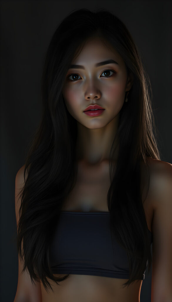 A breathtakingly detailed 3D render of a beautiful Asian girl with long, thick, wavy black hair cascading over her shoulders. She wears a short, cropped tank top and stands in a dark, moody setting illuminated by volumetric lighting that highlights her natural features and stunning eyes. The background is a dark, textured canvas that contrasts with her illuminated face, creating a dramatic and ethereal atmosphere. Her flawless anatomy is meticulously rendered, showcasing a blend of realism and artistic flair. The scene is enhanced with soft, diffused lighting that adds depth and dimension to the composition, making her appear lifelike and captivating.