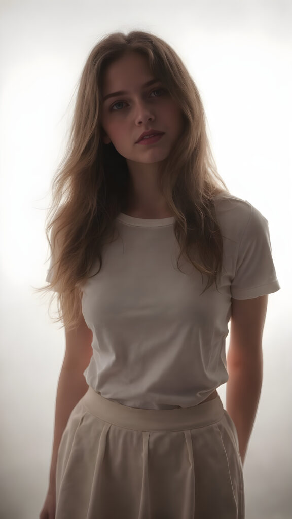 A breathtakingly beautiful (((full body vertical length view from the front))), showcasing a Silhouette of a girl with long, wavy side parted hair that cascades down to her waist, framed by a soft, ethereal glow that adds a touch of mystery to the scene. Her face is tilted back slightly, as if caught in a moment of calm contemplation, looking into the camera for the full effect. The girl is dressed in a (white t-shirt), with a fitted waist and a skirt that adds a touch of elegance to her ensemble. The backdrop is simple yet elegant, as if emphasizing the natural beauty of the girl and her surroundings.