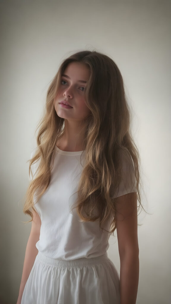 A breathtakingly beautiful (((full body vertical length view from the front))), showcasing a Silhouette of a girl with long, wavy side parted hair that cascades down to her waist, framed by a soft, ethereal glow that adds a touch of mystery to the scene. Her face is tilted back slightly, as if caught in a moment of calm contemplation, looking into the camera for the full effect. The girl is dressed in a (white t-shirt), with a fitted waist and a skirt that adds a touch of elegance to her ensemble. The backdrop is simple yet elegant, as if emphasizing the natural beauty of the girl and her surroundings.