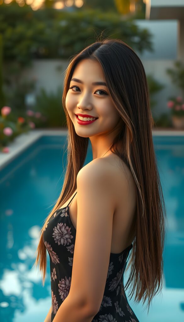 A breathtakingly detailed scene showcasing a stunning young woman of Asian descent, adorned in a floral-patterned black tank top. Her long, straight hair, a mesmerizing blend of dark blond with striking highlights, cascades gracefully down her shoulders. The vibrant red of her lips contrasts beautifully with her flawless skin. She stands poised at the edge of a pristine swimming pool, her smile radiant and inviting. The pool reflects the warm, golden hues of the setting sun, casting long shadows that dance around her. Surrounding the pool are lush greenery and blooming flowers, adding a touch of natural elegance to the composition. The atmosphere is serene and enchanting, with a sense of tranquility that complements her captivating beauty.