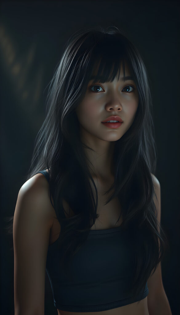 A breathtakingly detailed 3D render of a beautiful Asian girl with long, thick, wavy black hair cascading over her shoulders. She wears a short, cropped tank top and stands in a dark, moody setting illuminated by volumetric lighting that highlights her natural features and stunning eyes. The background is a dark, textured canvas that contrasts with her illuminated face, creating a dramatic and ethereal atmosphere. Her flawless anatomy is meticulously rendered, showcasing a blend of realism and artistic flair. The scene is enhanced with soft, diffused lighting that adds depth and dimension to the composition, making her appear lifelike and captivating.