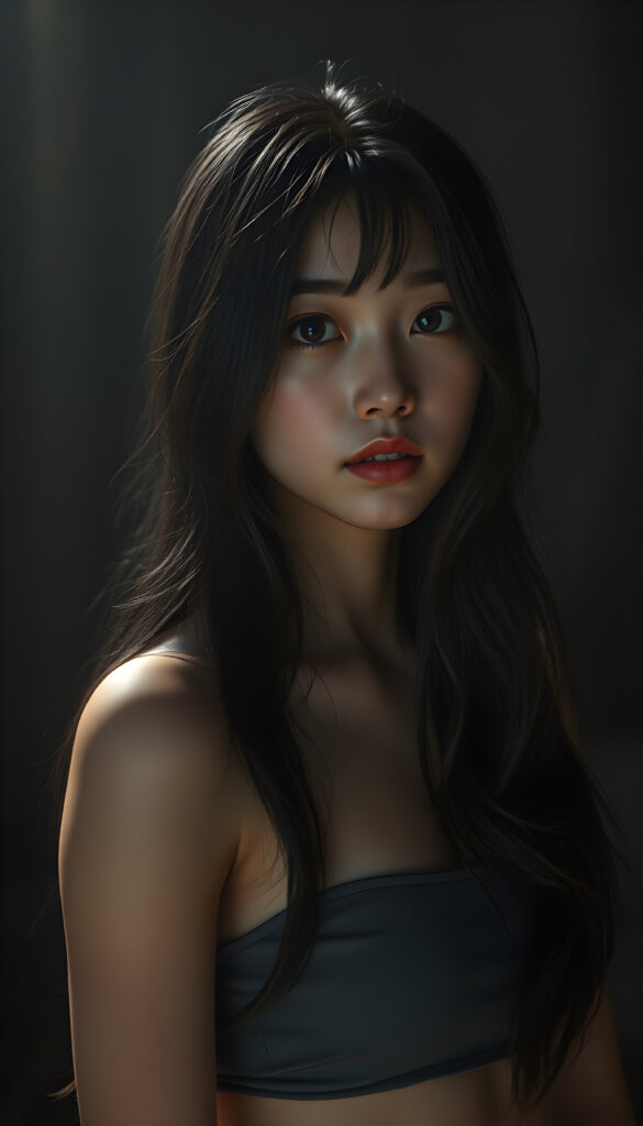 A breathtakingly detailed 3D render of a beautiful Asian girl with long, thick, wavy black hair cascading over her shoulders. She wears a short, cropped tank top and stands in a dark, moody setting illuminated by volumetric lighting that highlights her natural features and stunning eyes. The background is a dark, textured canvas that contrasts with her illuminated face, creating a dramatic and ethereal atmosphere. Her flawless anatomy is meticulously rendered, showcasing a blend of realism and artistic flair. The scene is enhanced with soft, diffused lighting that adds depth and dimension to the composition, making her appear lifelike and captivating.