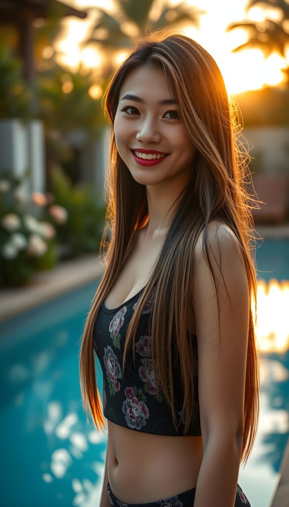 A breathtakingly detailed scene showcasing a stunning young woman of Asian descent, adorned in a floral-patterned black tank top. Her long, straight hair, a mesmerizing blend of dark blond with striking highlights, cascades gracefully down her shoulders. The vibrant red of her lips contrasts beautifully with her flawless skin. She stands poised at the edge of a pristine swimming pool, her smile radiant and inviting. The pool reflects the warm, golden hues of the setting sun, casting long shadows that dance around her. Surrounding the pool are lush greenery and blooming flowers, adding a touch of natural elegance to the composition. The atmosphere is serene and enchanting, with a sense of tranquility that complements her captivating beauty.