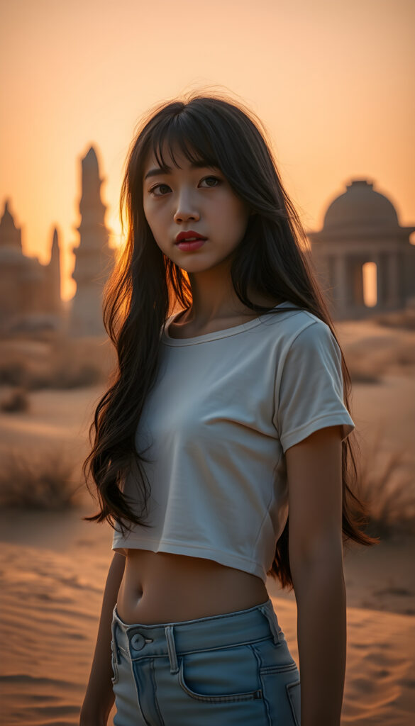 A breathtakingly detailed fantasy image of a young Asian girl with long, silky black wavy hair and bangs, wearing a short cropped white t-shirt that highlights her graceful figure. She stands in a surreal desert landscape, with towering crystal formations that shimmer under a golden sunrise. The sky is painted with hues of pink and orange, casting a warm glow over the scene. In the background, there's a mystical, ancient stone temple partially hidden by sand dunes, adding an element of adventure and wonder. The composition blends realism with a touch of fantasy, creating a dreamlike atmosphere.
