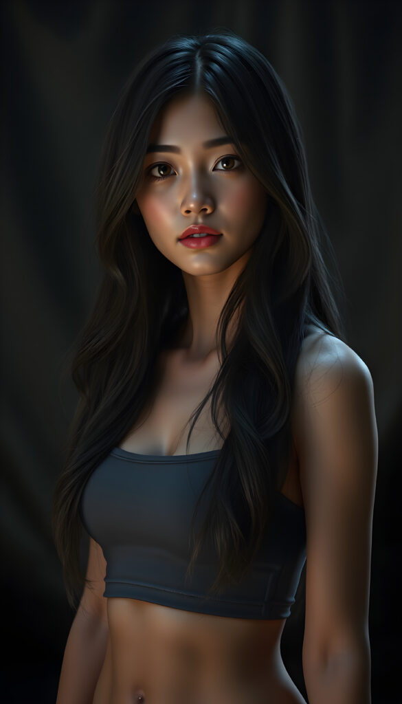 A breathtakingly detailed 3D render of a beautiful Asian girl with long, thick, wavy black hair cascading over her shoulders. She wears a short, cropped tank top and stands in a dark, moody setting illuminated by volumetric lighting that highlights her natural features and stunning eyes. The background is a dark, textured canvas that contrasts with her illuminated face, creating a dramatic and ethereal atmosphere. Her flawless anatomy is meticulously rendered, showcasing a blend of realism and artistic flair. The scene is enhanced with soft, diffused lighting that adds depth and dimension to the composition, making her appear lifelike and captivating.