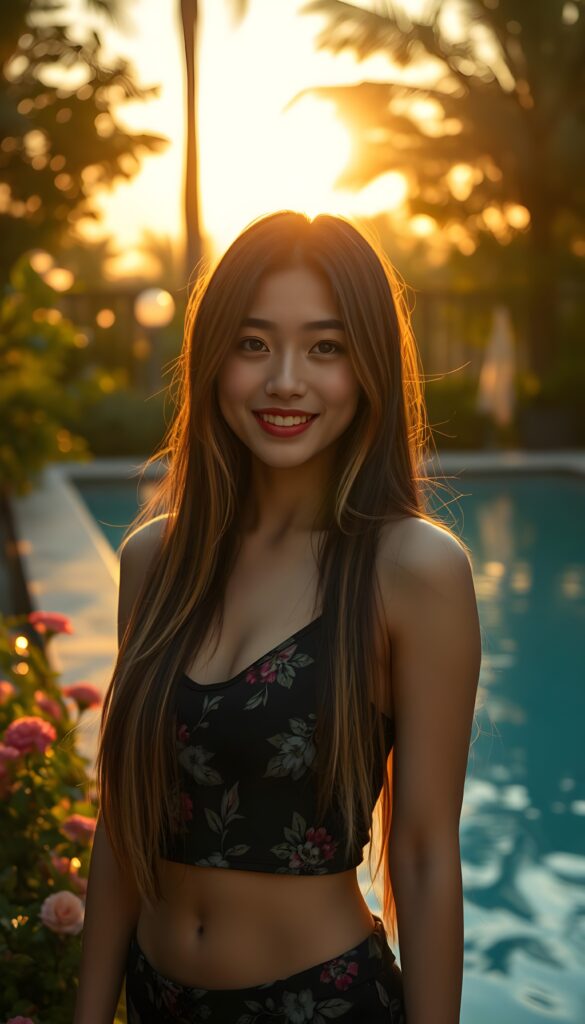 A breathtakingly detailed scene showcasing a stunning young woman of Asian descent, adorned in a floral-patterned black tank top. Her long, straight hair, a mesmerizing blend of dark blond with striking highlights, cascades gracefully down her shoulders. The vibrant red of her lips contrasts beautifully with her flawless skin. She stands poised at the edge of a pristine swimming pool, her smile radiant and inviting. The pool reflects the warm, golden hues of the setting sun, casting long shadows that dance around her. Surrounding the pool are lush greenery and blooming flowers, adding a touch of natural elegance to the composition. The atmosphere is serene and enchanting, with a sense of tranquility that complements her captivating beauty.
