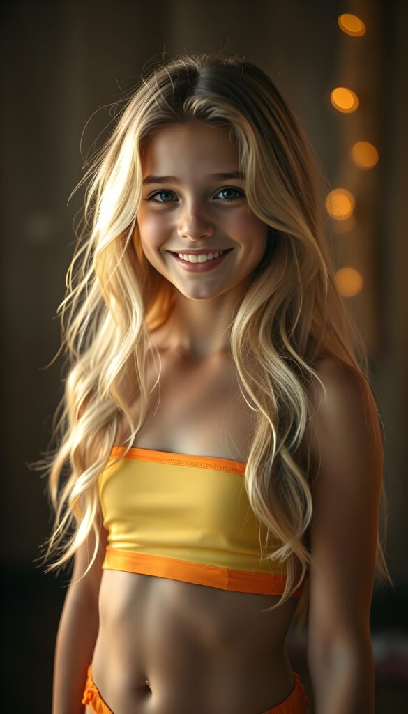A breathtakingly beautiful girl, approximately sixteen years old, radiates joy with her warm, enchanting smile as she gazes directly into the camera. Her striking golden blonde hair cascades down her back in perfect waves, framing her youthful face with a halo-like effect. She wears a vibrant, short-form-fitting top that highlights her elegant figure, coupled with matching shorts that accentuate her lively and playful personality. The scene is bathed in a soft, golden light, creating a dreamy atmosphere with deep shadows and a rich saturation that brings out the colors vividly. The composition is meticulously detailed, with a gentle depth of field that brings the viewer's focus effortlessly to her captivating gaze, making this image a stunning masterpiece. Round cute belly button.
