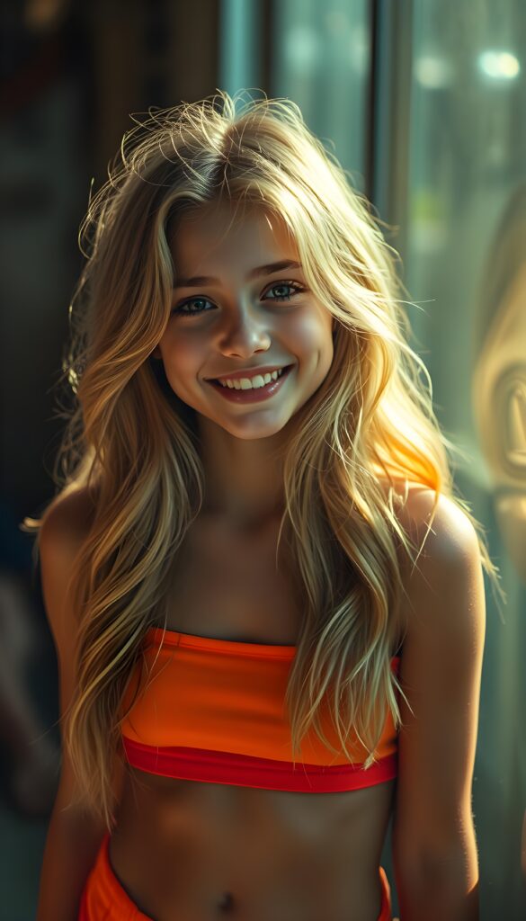 A breathtakingly beautiful girl, approximately sixteen years old, radiates joy with her warm, enchanting smile as she gazes directly into the camera. Her striking golden blonde hair cascades down her back in perfect waves, framing her youthful face with a halo-like effect. She wears a vibrant, short-form-fitting top that highlights her elegant figure, coupled with matching shorts that accentuate her lively and playful personality. The scene is bathed in a soft, golden light, creating a dreamy atmosphere with deep shadows and a rich saturation that brings out the colors vividly. The composition is meticulously detailed, with a gentle depth of field that brings the viewer's focus effortlessly to her captivating gaze, making this image a stunning masterpiece. Round cute belly button.