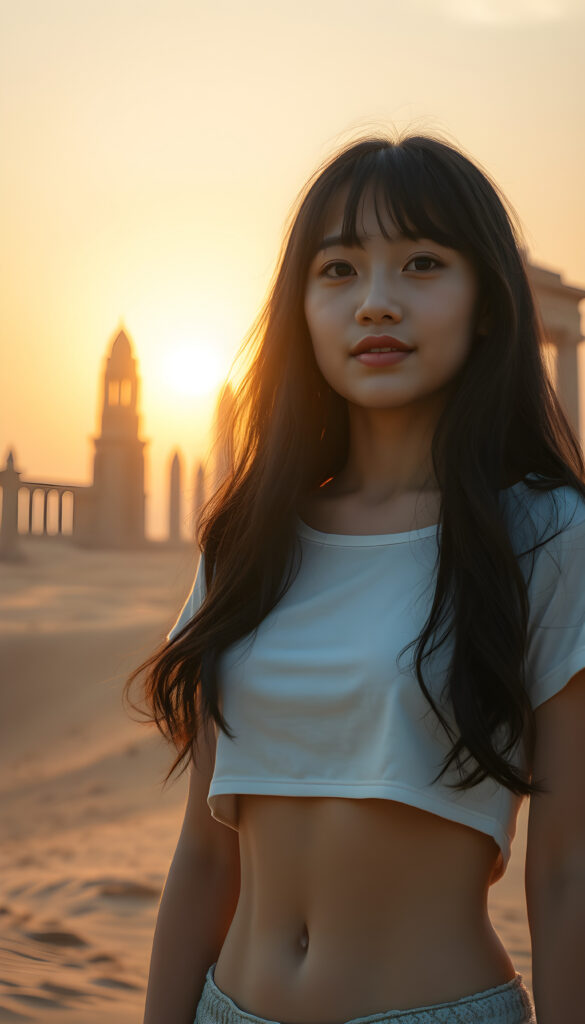 A breathtakingly detailed fantasy image of a young Asian girl with long, silky black wavy hair and bangs, wearing a short cropped white t-shirt that highlights her graceful figure. She stands in a surreal desert landscape, with towering crystal formations that shimmer under a golden sunrise. The sky is painted with hues of pink and orange, casting a warm glow over the scene. In the background, there's a mystical, ancient stone temple partially hidden by sand dunes, adding an element of adventure and wonder. The composition blends realism with a touch of fantasy, creating a dreamlike atmosphere.