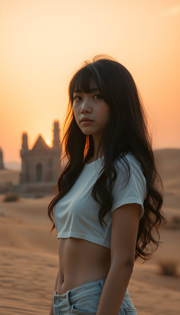 A breathtakingly detailed fantasy image of a young Asian girl with long, silky black wavy hair and bangs, wearing a short cropped white t-shirt that highlights her graceful figure. She stands in a surreal desert landscape, with towering crystal formations that shimmer under a golden sunrise. The sky is painted with hues of pink and orange, casting a warm glow over the scene. In the background, there's a mystical, ancient stone temple partially hidden by sand dunes, adding an element of adventure and wonder. The composition blends realism with a touch of fantasy, creating a dreamlike atmosphere.