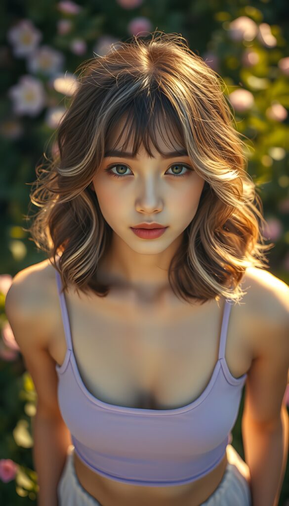 A breathtakingly detailed and flawless portrait of a beautiful young girl with shoulder length, wavy, thick, light brown hair and white highlights and soft bangs framing her face. She wears a vibrant light purple short tank top, highlighting her perfect curves. The composition is viewed from above, showcasing her elegant features and the intricate patterns of her hair and clothing. The scene is bathed in warm, golden sunlight, casting a serene glow over her face, emphasizing her youthful charm and grace. The background is a dreamy, softly blurred garden filled with lush greenery and blooming flowers, adding a touch of whimsy and enchantment to the image.