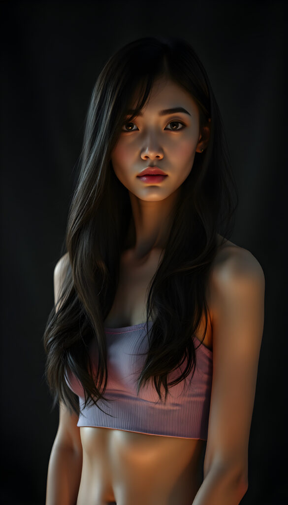 A breathtakingly detailed 3D render of a beautiful Asian girl with long, thick, wavy black hair cascading over her shoulders. She wears a short, cropped tank top and stands in a dark, moody setting illuminated by volumetric lighting that highlights her natural features and stunning eyes. The background is a dark, textured canvas that contrasts with her illuminated face, creating a dramatic and ethereal atmosphere. Her flawless anatomy is meticulously rendered, showcasing a blend of realism and artistic flair. The scene is enhanced with soft, diffused lighting that adds depth and dimension to the composition, making her appear lifelike and captivating.