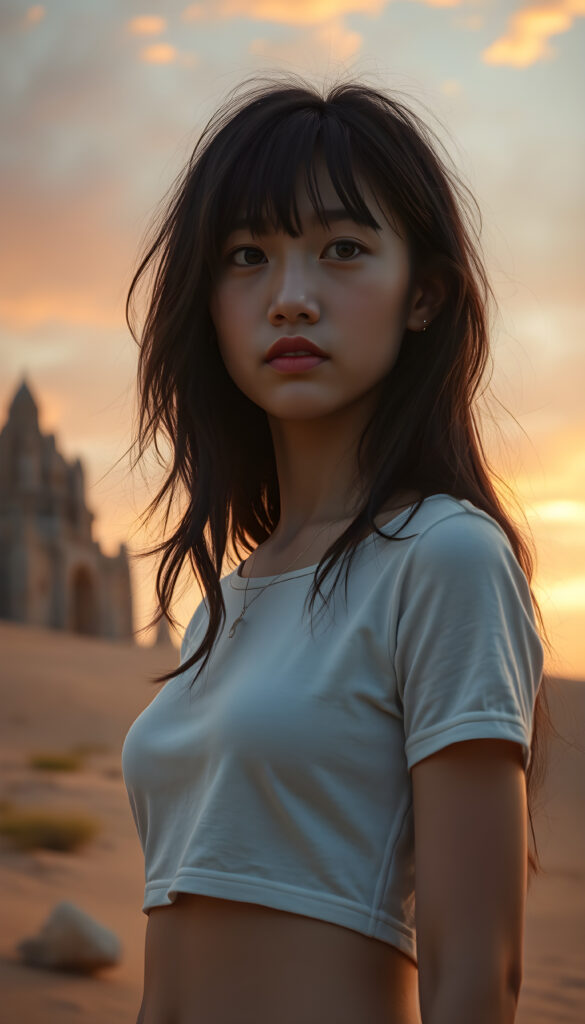 A breathtakingly detailed fantasy image of a young Asian girl with long, silky black wavy hair and bangs, wearing a short cropped white t-shirt that highlights her graceful figure. She stands in a surreal desert landscape, with towering crystal formations that shimmer under a golden sunrise. The sky is painted with hues of pink and orange, casting a warm glow over the scene. In the background, there's a mystical, ancient stone temple partially hidden by sand dunes, adding an element of adventure and wonder. The composition blends realism with a touch of fantasy, creating a dreamlike atmosphere.