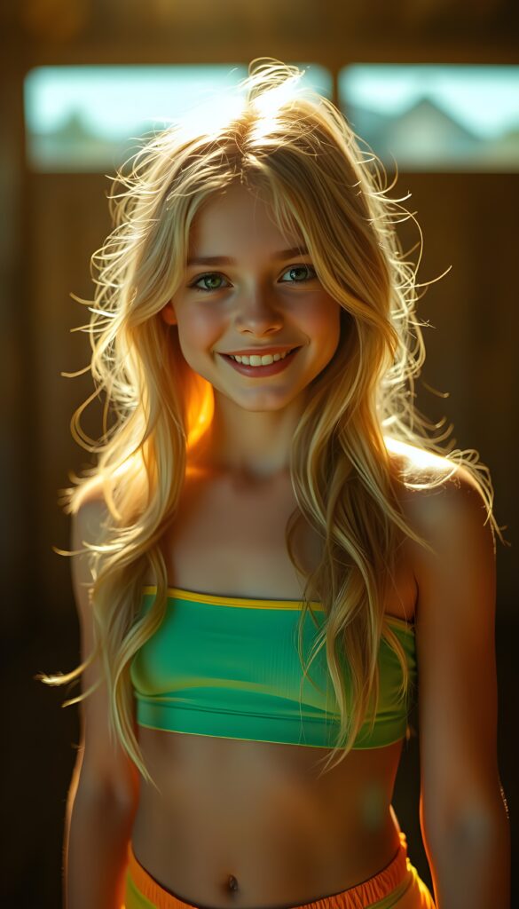 A breathtakingly beautiful girl, approximately sixteen years old, radiates joy with her warm, enchanting smile as she gazes directly into the camera. Her striking golden blonde hair cascades down her back in perfect waves, framing her youthful face with a halo-like effect. She wears a vibrant, short-form-fitting top that highlights her elegant figure, coupled with matching shorts that accentuate her lively and playful personality. The scene is bathed in a soft, golden light, creating a dreamy atmosphere with deep shadows and a rich saturation that brings out the colors vividly. The composition is meticulously detailed, with a gentle depth of field that brings the viewer's focus effortlessly to her captivating gaze, making this image a stunning masterpiece. Round cute belly button.