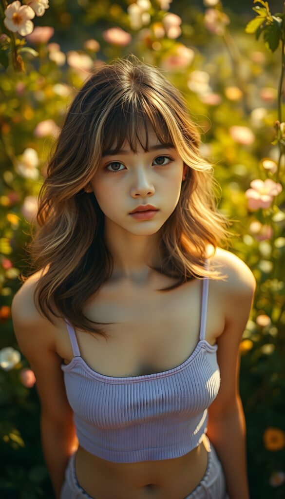 A breathtakingly detailed and flawless portrait of a beautiful young girl with shoulder length, wavy, thick, light brown hair and white highlights and soft bangs framing her face. She wears a vibrant light purple short tank top, highlighting her perfect curves. The composition is viewed from above, showcasing her elegant features and the intricate patterns of her hair and clothing. The scene is bathed in warm, golden sunlight, casting a serene glow over her face, emphasizing her youthful charm and grace. The background is a dreamy, softly blurred garden filled with lush greenery and blooming flowers, adding a touch of whimsy and enchantment to the image.