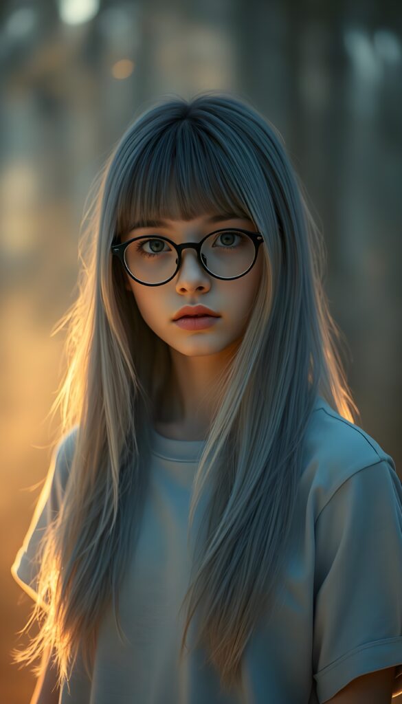 A captivating, surreal portrait of a young teen girl with super straight, shimmering silver hair that cascades like liquid moonlight, bangs cut. She stands in a fogy forest bathed in soft, golden twilight. The composition combines elements of fantasy and ethereal beauty, emphasizing the girl's enigmatic presence in a serene, otherworldly setting. She wears a light blue baseball t-shirt. black oval glasses.