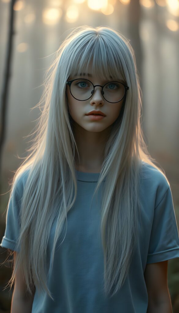 A captivating, surreal portrait of a young teen girl with super straight, shimmering silver hair that cascades like liquid moonlight, bangs cut. She stands in a fogy forest bathed in soft, golden twilight. The composition combines elements of fantasy and ethereal beauty, emphasizing the girl's enigmatic presence in a serene, otherworldly setting. She wears a light blue baseball t-shirt. black oval glasses.