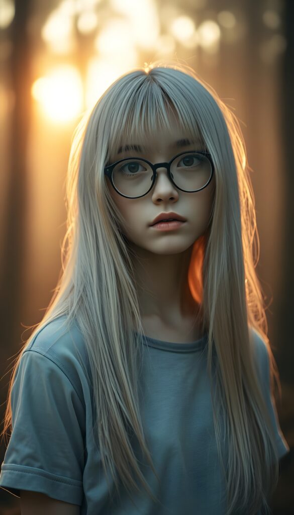 A captivating, surreal portrait of a young teen girl with super straight, shimmering silver hair that cascades like liquid moonlight, bangs cut. She stands in a fogy forest bathed in soft, golden twilight. The composition combines elements of fantasy and ethereal beauty, emphasizing the girl's enigmatic presence in a serene, otherworldly setting. She wears a light blue baseball t-shirt. black oval glasses.