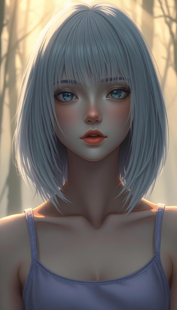 A captivating, surreal portrait of a young teen girl with super straight, silver platinum hair that cascades like liquid moonlight, bangs cut and prefect shoulder length bob cut. She stands in a fogy forest bathed in soft, golden twilight. The composition combines elements of fantasy and ethereal beauty, emphasizing the girl's enigmatic presence in a serene, otherworldly setting. She wears a light purple plain tank top, perfect female body. Focus on her face. Front view.