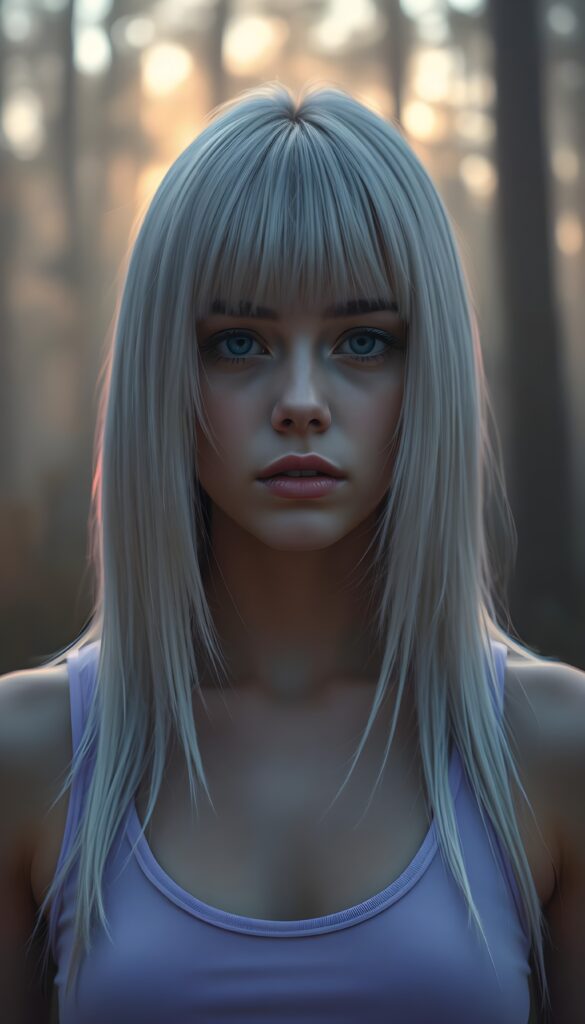 A captivating, surreal portrait of a young teen girl with super straight, silver platinum hair that cascades like liquid moonlight, bangs cut and prefect shoulder length bob cut. She stands in a fogy forest bathed in soft, golden twilight. The composition combines elements of fantasy and ethereal beauty, emphasizing the girl's enigmatic presence in a serene, otherworldly setting. She wears a light purple plain tank top, perfect female body. Focus on her face. Front view.