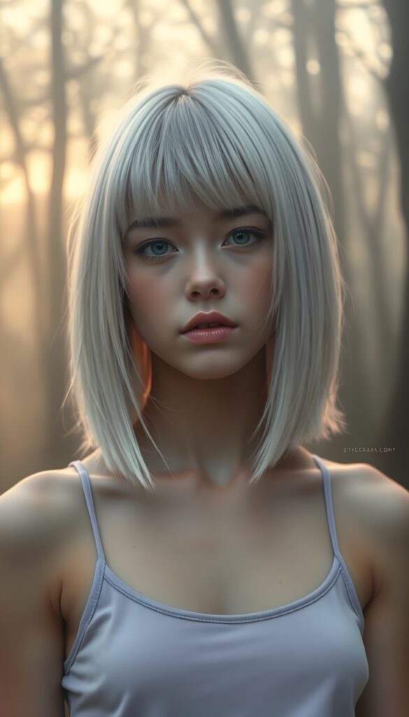 A captivating, surreal portrait of a young teen girl with super straight, silver platinum hair that cascades like liquid moonlight, bangs cut and prefect shoulder length bob cut. She stands in a fogy forest bathed in soft, golden twilight. The composition combines elements of fantasy and ethereal beauty, emphasizing the girl's enigmatic presence in a serene, otherworldly setting. She wears a light purple plain tank top, perfect female body. Focus on her face. Front view.
