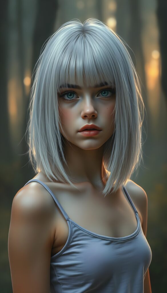 A captivating, surreal portrait of a young teen girl with super straight, silver platinum hair that cascades like liquid moonlight, bangs cut and prefect shoulder length bob cut. She stands in a fogy forest bathed in soft, golden twilight. The composition combines elements of fantasy and ethereal beauty, emphasizing the girl's enigmatic presence in a serene, otherworldly setting. She wears a light purple plain tank top, perfect female body. Focus on her face. Front view.