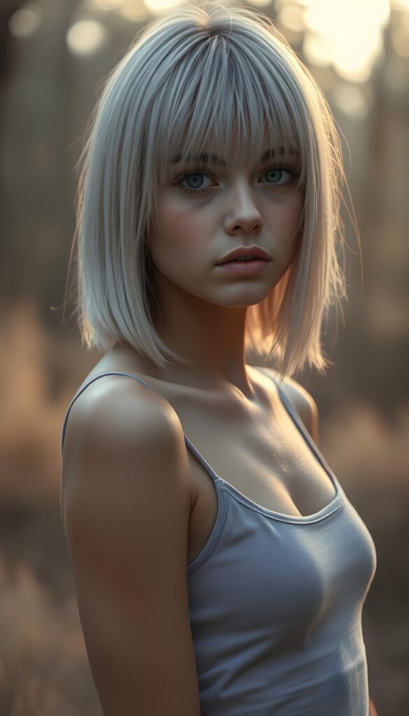 A captivating, surreal portrait of a young teen girl with super straight, silver platinum hair that cascades like liquid moonlight, bangs cut and prefect shoulder length bob cut. She stands in a fogy forest bathed in soft, golden twilight. The composition combines elements of fantasy and ethereal beauty, emphasizing the girl's enigmatic presence in a serene, otherworldly setting. She wears a light purple plain tank top, perfect female body. Focus on her face. Front view.