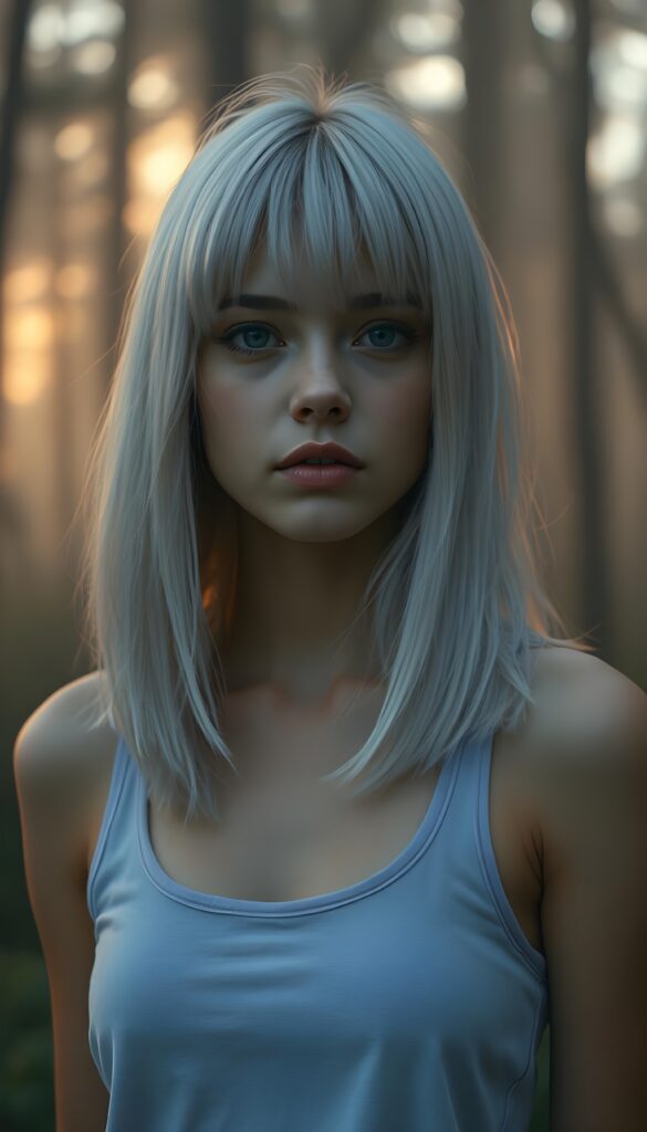 A captivating, surreal portrait of a young teen girl with super straight, silver platinum hair that cascades like liquid moonlight, bangs cut and prefect shoulder length bob cut. She stands in a fogy forest bathed in soft, golden twilight. The composition combines elements of fantasy and ethereal beauty, emphasizing the girl's enigmatic presence in a serene, otherworldly setting. She wears a light purple plain tank top, perfect female body. Focus on her face. Front view.
