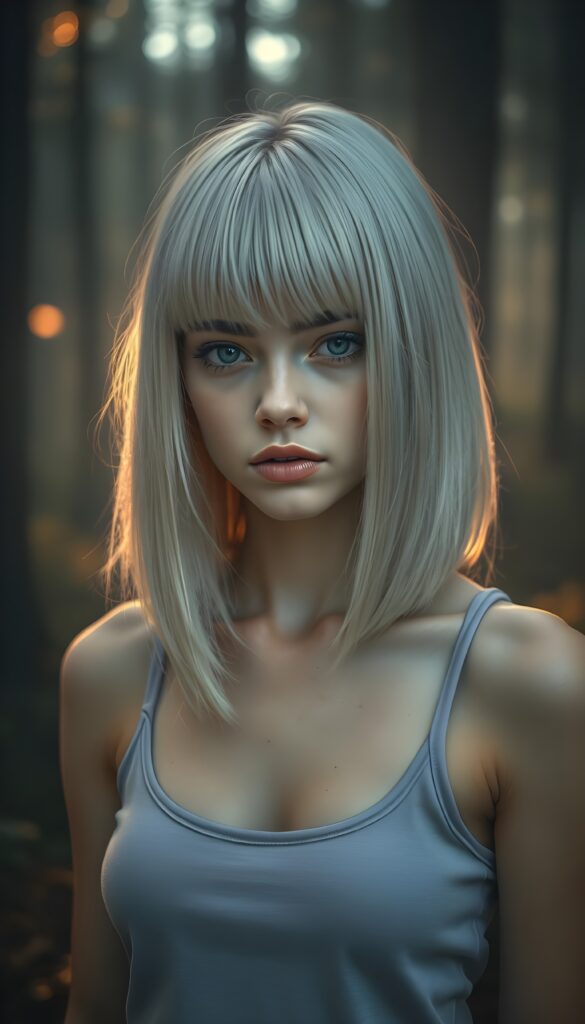 A captivating, surreal portrait of a young teen girl with super straight, silver platinum hair that cascades like liquid moonlight, bangs cut and prefect shoulder length bob cut. She stands in a fogy forest bathed in soft, golden twilight. The composition combines elements of fantasy and ethereal beauty, emphasizing the girl's enigmatic presence in a serene, otherworldly setting. She wears a light purple plain tank top, perfect female body. Focus on her face. Front view.
