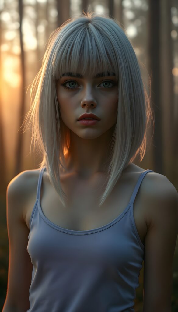 A captivating, surreal portrait of a young teen girl with super straight, silver platinum hair that cascades like liquid moonlight, bangs cut and prefect shoulder length bob cut. She stands in a fogy forest bathed in soft, golden twilight. The composition combines elements of fantasy and ethereal beauty, emphasizing the girl's enigmatic presence in a serene, otherworldly setting. She wears a light purple plain tank top, perfect female body. Focus on her face. Front view.
