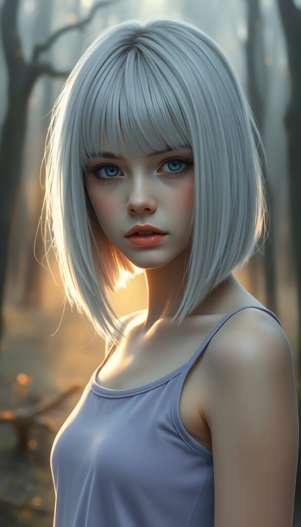 A captivating, surreal portrait of a young teen girl with super straight, silver platinum hair that cascades like liquid moonlight, bangs cut and prefect shoulder length bob cut. She stands in a fogy forest bathed in soft, golden twilight. The composition combines elements of fantasy and ethereal beauty, emphasizing the girl's enigmatic presence in a serene, otherworldly setting. She wears a light purple plain tank top, perfect female body. Focus on her face. Front view.