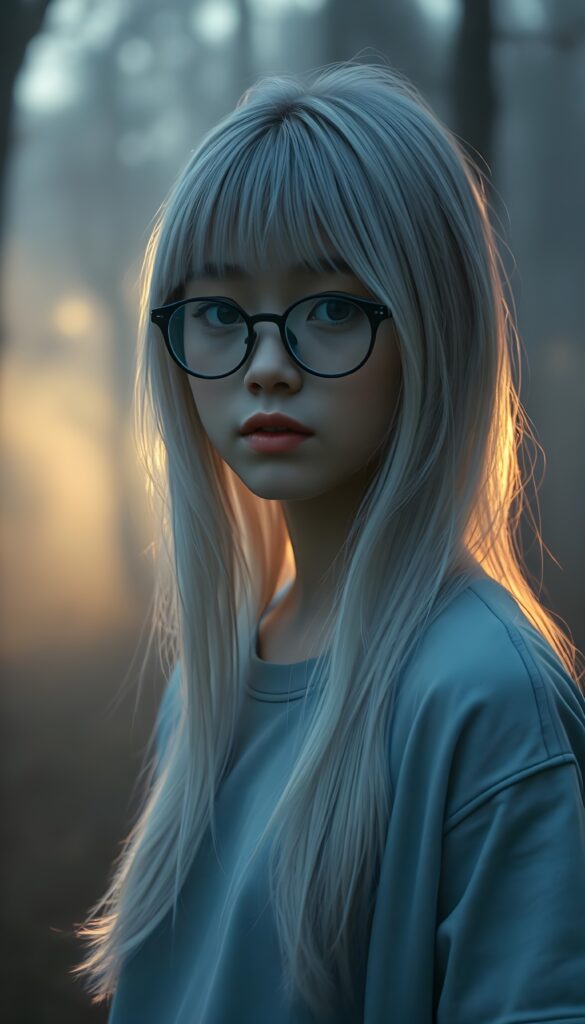 A captivating, surreal portrait of a young teen girl with super straight, shimmering silver hair that cascades like liquid moonlight, bangs cut. She stands in a fogy forest bathed in soft, golden twilight. The composition combines elements of fantasy and ethereal beauty, emphasizing the girl's enigmatic presence in a serene, otherworldly setting. She wears a light blue baseball t-shirt. black oval glasses.