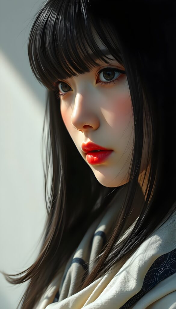 A captivating close-up of a Korean girl with flowing jet-black hair, her straight locks cascading like silk against the light. Her golden eyes shimmer with warmth, framed by delicate bangs that caress her youthful face. Her full lips are a vibrant red, accented by a touch of blush that enhances her natural beauty. She wears a luxurious black and white silk scarf, draped elegantly around her neck, adding a touch of sophistication. The lighting highlights her flawless porcelain skin, casting a soft glow that accentuates every feature. The scene is set against a backdrop of soft, diffused light, creating a harmonious balance between shadow and highlight, giving her an ethereal, almost angelic presence.