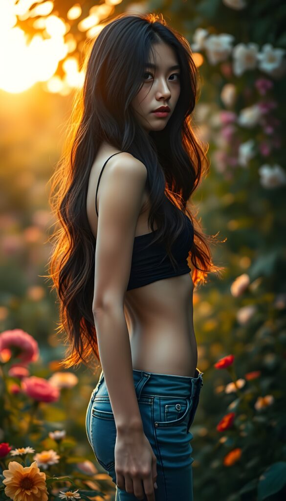 a (((cute exotic teen girl))) dressed in a sleek black cropped tank top and matching blue short jeans pants, showcasing a beautifully proportioned figure and long, flowing black hair that gracefully falls down her back, embodying an air of sophistication and exoticism, standing in a garden, round dark small belly button.