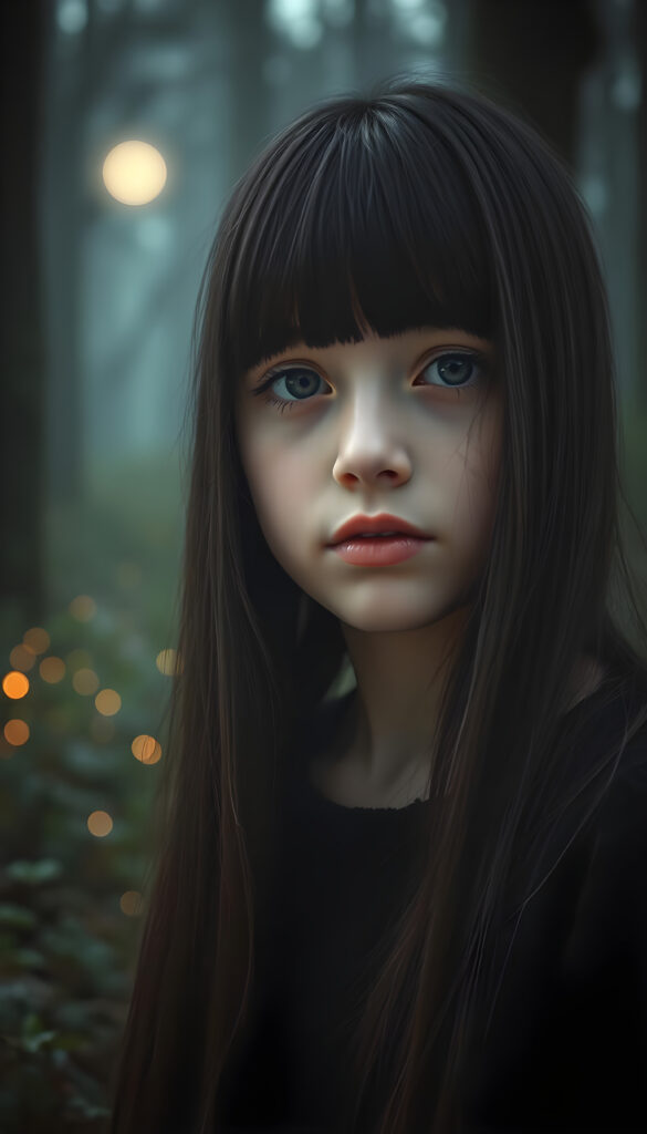 A captivating close-up portrait of a young girl with long, straight, and shiny jet-black hair, her lips full and red, wearing a soft black wool sweater. She gazes directly at the viewer with a gentle expression. The scene is set against a mystical, misty forest with faint moonlight filtering through the trees, creating a serene and magical atmosphere. The forest is filled with lush greenery and glowing fireflies, adding a touch of enchantment to the scene. The focus is sharp on her face and upper body, with a soft bokeh effect in the background.