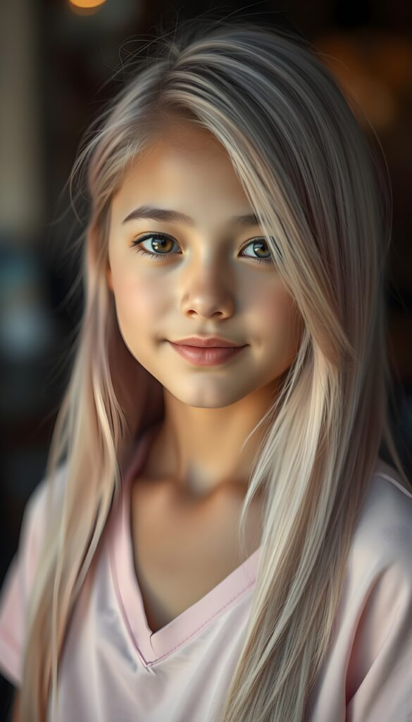 A captivating close-up portrait of a petite girl with long, straight, soft light pink hair styled in a side-swept manner with wispy layers. Her radiant brown eyes sparkle with intensity, and her pale skin glows under soft lighting. She wears a light pink plain t-shirt with a deep V-neck, her lips are vividly full, curved into a gentle smile. The background is blurred with hints of warm colors, highlighting her sharp features and making her the focal point of the image.