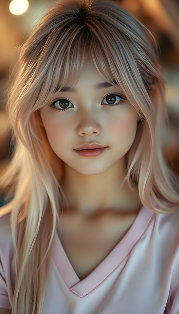 A captivating close-up portrait of a petite girl with long, straight, soft light pink hair styled in a side-swept manner with wispy layers. Her radiant brown eyes sparkle with intensity, and her pale skin glows under soft lighting. She wears a light pink plain t-shirt with a deep V-neck, her lips are vividly full, curved into a gentle smile. The background is blurred with hints of warm colors, highlighting her sharp features and making her the focal point of the image.