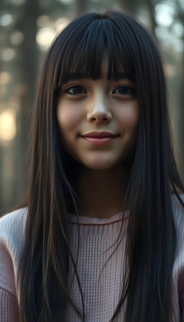 A captivating close-up portrait of a young, radiant girl with long, straight, shiny jet-black hair cascading over her shoulders, her bangs framing her face. Her full, plump lips are slightly parted, exuding a gentle smile. She wears a soft pink sweater, its texture suggesting fine wool, contrasting beautifully with her tanned complexion. Her perfect, curved body is highlighted against a misty, ethereal forest backdrop, with moonlight filtering through the trees, creating a dreamy, enchanting atmosphere. The scene is bathed in soft, warm lighting, accentuating her features and the natural beauty of the surroundings.