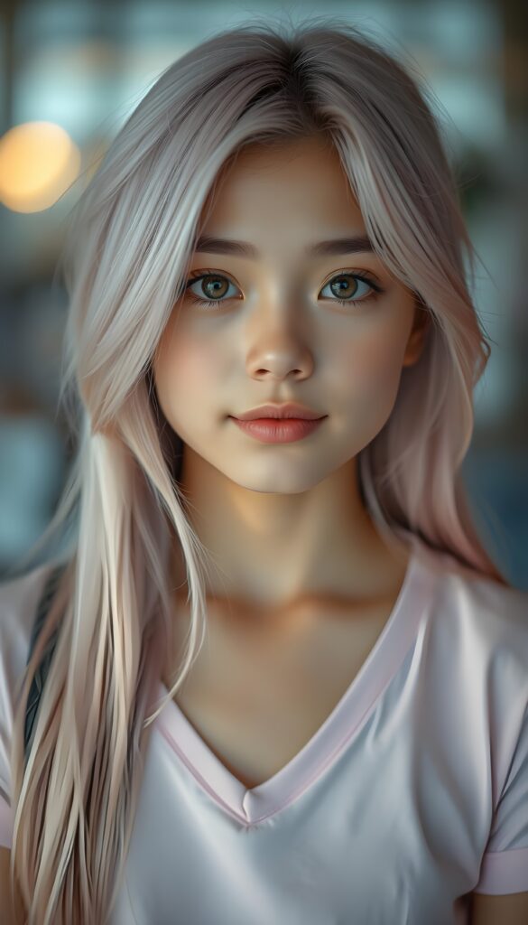 A captivating close-up portrait of a petite girl with long, straight, soft light pink hair styled in a side-swept manner with wispy layers. Her radiant brown eyes sparkle with intensity, and her pale skin glows under soft lighting. She wears a light pink plain t-shirt with a deep V-neck, her lips are vividly full, curved into a gentle smile. The background is blurred with hints of warm colors, highlighting her sharp features and making her the focal point of the image.