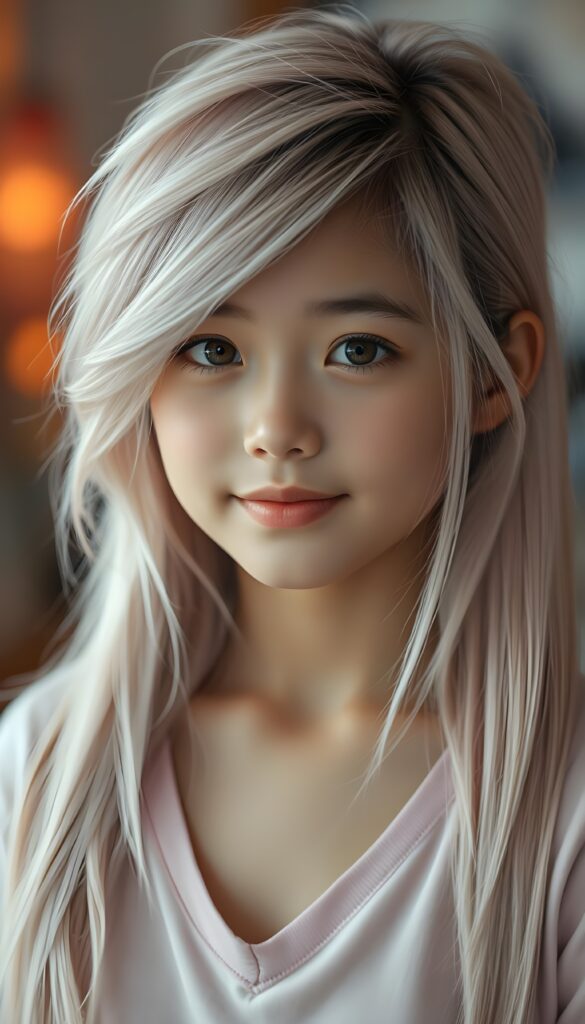 A captivating close-up portrait of a petite girl with long, straight, soft light pink hair styled in a side-swept manner with wispy layers. Her radiant brown eyes sparkle with intensity, and her pale skin glows under soft lighting. She wears a light pink plain t-shirt with a deep V-neck, her lips are vividly full, curved into a gentle smile. The background is blurred with hints of warm colors, highlighting her sharp features and making her the focal point of the image.