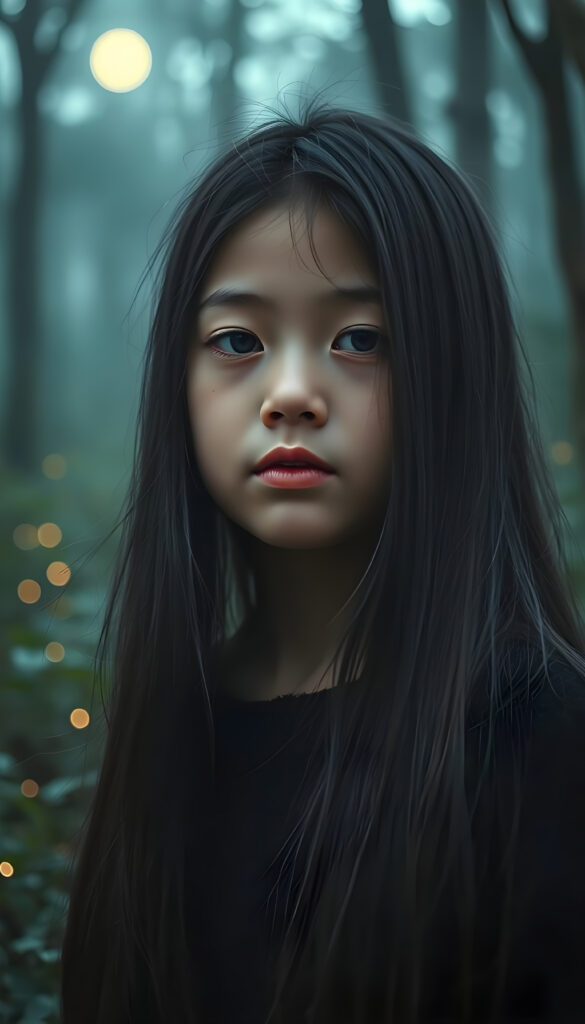 A captivating close-up portrait of a young girl with long, straight, and shiny jet-black hair, her lips full and red, wearing a soft black wool sweater. She gazes directly at the viewer with a gentle expression. The scene is set against a mystical, misty forest with faint moonlight filtering through the trees, creating a serene and magical atmosphere. The forest is filled with lush greenery and glowing fireflies, adding a touch of enchantment to the scene. The focus is sharp on her face and upper body, with a soft bokeh effect in the background.