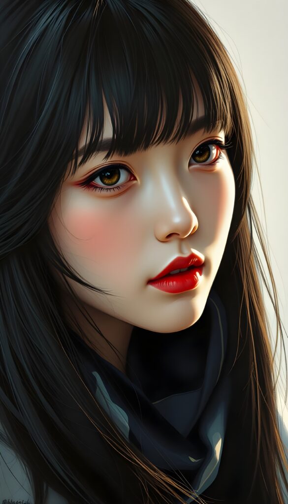 A captivating close-up of a Korean girl with flowing jet-black hair, her straight locks cascading like silk against the light. Her golden eyes shimmer with warmth, framed by delicate bangs that caress her youthful face. Her full lips are a vibrant red, accented by a touch of blush that enhances her natural beauty. She wears a luxurious black and white silk scarf, draped elegantly around her neck, adding a touch of sophistication. The lighting highlights her flawless porcelain skin, casting a soft glow that accentuates every feature. The scene is set against a backdrop of soft, diffused light, creating a harmonious balance between shadow and highlight, giving her an ethereal, almost angelic presence.