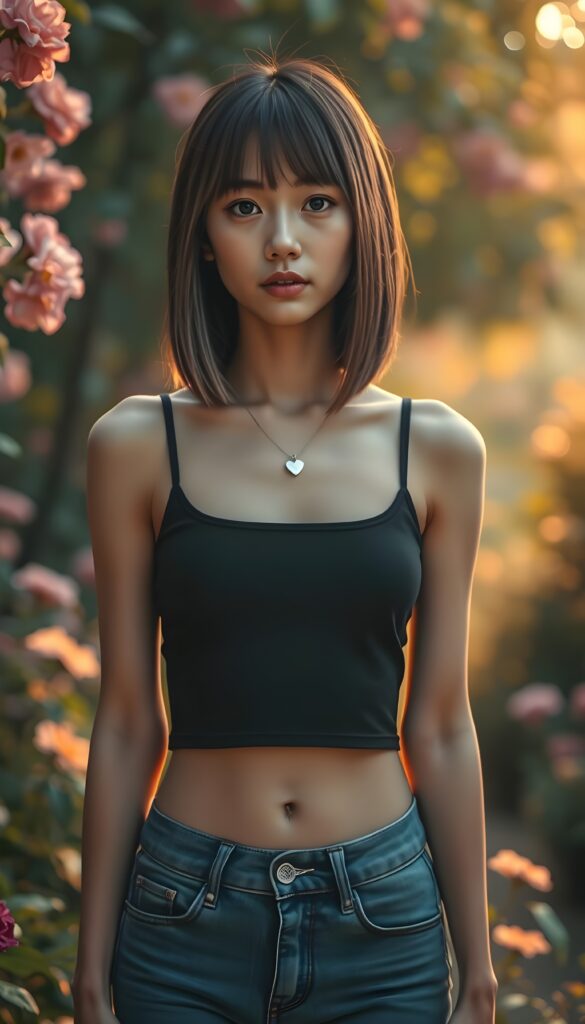 A captivating character of a young, slender Asian girl with straight jet brown full open hair with blond highlights in the same length left and right, bangs cut and prefect bob cut, and dressed in a sleek, cropped black tank top and matching short blue jeans. Her attire accentuates her beautifully proportioned figure. She stands gracefully in a vibrant, enchanted garden filled with blooming flowers and lush greenery under a warm, golden sunset, with soft light filtering through the leaves, casting a magical glow around her. Her skin glows softly, and she exudes an aura of serene confidence and mystery. She wears a silver necklace with a heart.
